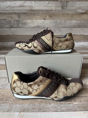 Coach Signature Logo Fashion Sneakers Brown Gold Canvas Lace-Up Women's Size 9M